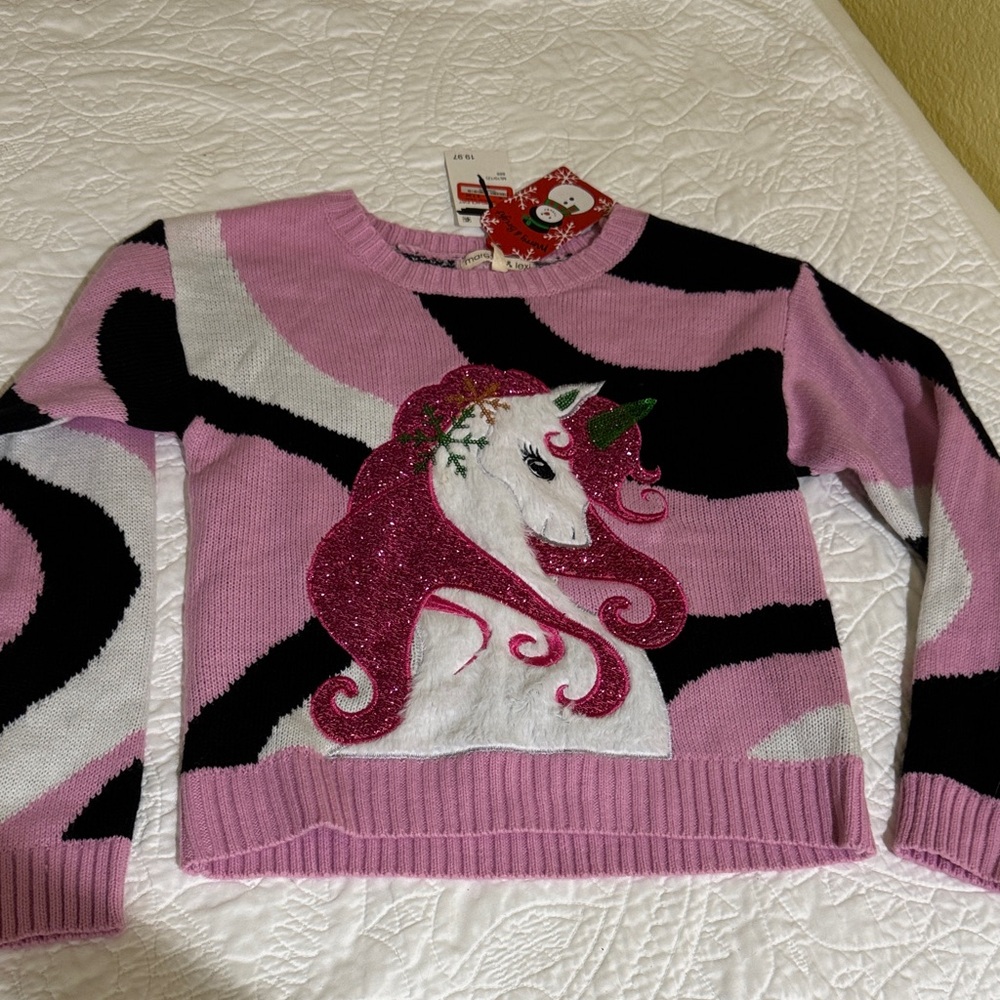 New cable knit Sparkling Pink Unicorn Girls Sweater size 10 cable knit NWT cute